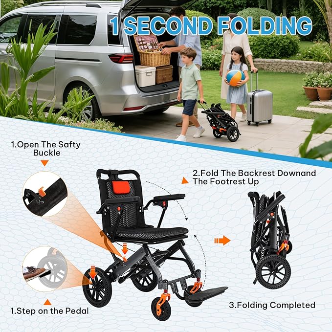 Carbon Fiber–Coated Wheelchairs for Adults, Transport Wheelchair Lightweight Foldable with Pull Rod, 10" Honeycomb Wheels, 16.2" Seat Width, 220 LBS Capacity, Includes Storage Bag