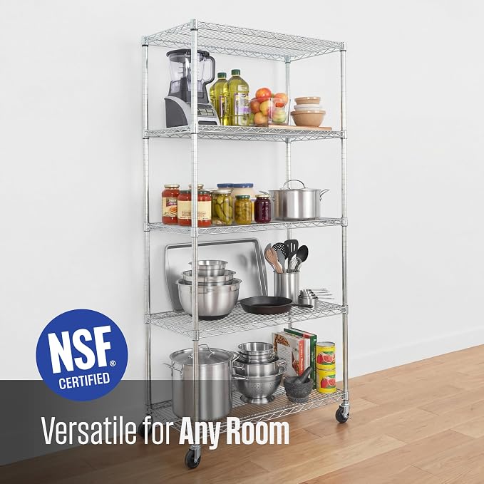 SafeRacks NSF 5-Tier Heavy Duty Steel Wire Rack w/Wheels (18"x36"x72")