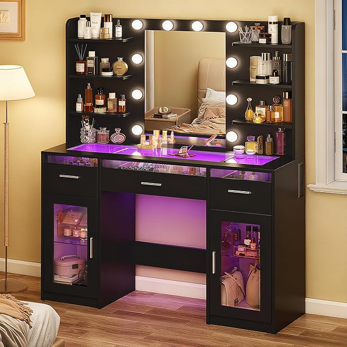 HUAHUU Vanity Desk, Makeup Vanity Desk with Mirror and Lights 3 Colors, Transparent Top with 3 RGB Drawers, 6 Shelves, 2 Large Tempered Cabinets, Power Outlet, for Bedroom, Black