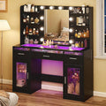 HUAHUU Vanity Desk, Makeup Vanity Desk with Mirror and Lights 3 Colors, Transparent Top with 3 RGB Drawers, 6 Shelves, 2 Large Tempered Cabinets, Power Outlet, for Bedroom, Black