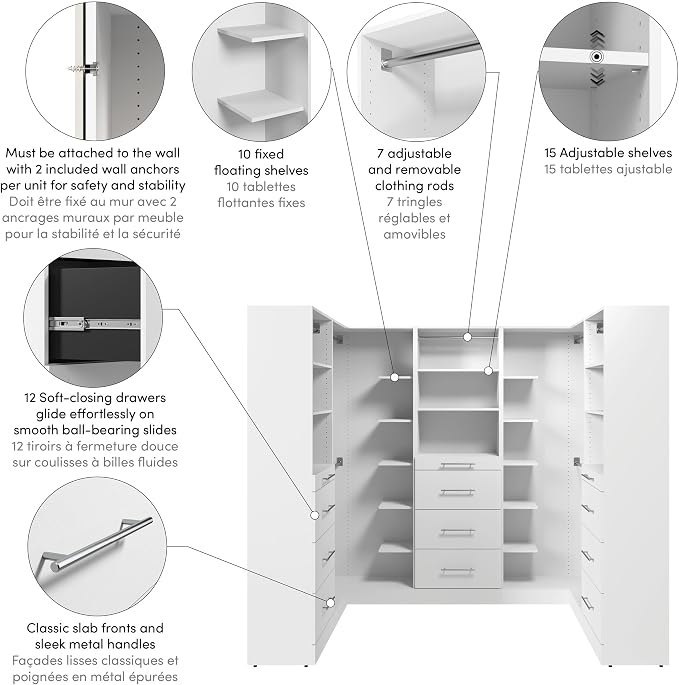 Bestar 95W x 61D Modular U-Shaped Closet Organizer System, Walk-in Closet with Rods, Shelves, and Drawers, Slab Style, Florence Collection, White