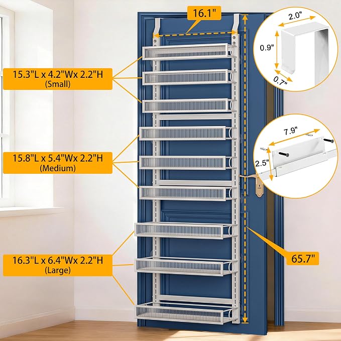 Over the Door Pantry Organizer 9 Tiers Hanging Door or Wall Mounted Spice Rack with Adjustable Acrylic Basket,Heavy Duty Metal Seasoning Storage Shelf for Kitchen Pantry and Bathroom White