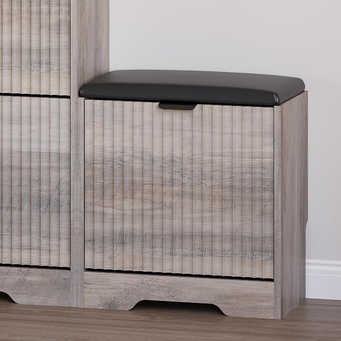 BORNOON Slim Shoe Cabinet with Bench for Entryway, Hidden Storage and Adjustable Shelves, Free Standing Wooden Shoes Organizer for Hallway, Foyer