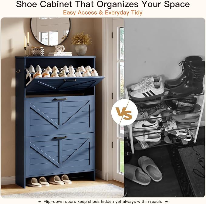 Nicetree Farmhouse Blue Shoe Cabinet – Ultra Slim 3-Drawer Flip Organizer with Shaker Barn Door Accent, 3-Tier Adjustable Shelves, and Sturdy Freestanding Frame – Space Saving
