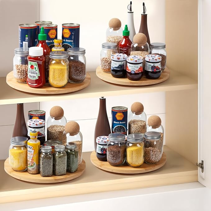10in Bamboo Lazy Susan Turntable Organizer and Spinning Storage | Rotating Round Serving Tray & Storage Organizer for Spice Bottles, Kitchen Countertop & Cabinet
