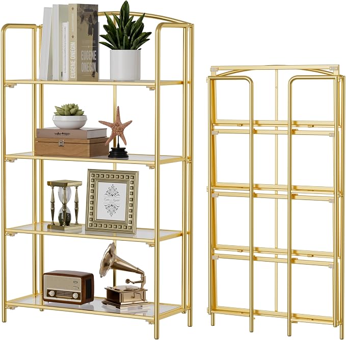 Crofy 4-Tier Wider Foldable Bookshelf, Gold Frame & Transparent Shelves | No-Assembly Collapsible Portable Storage Organizer; Sturdy Transparent Shelves; Ideal for Living Room & Home Office
