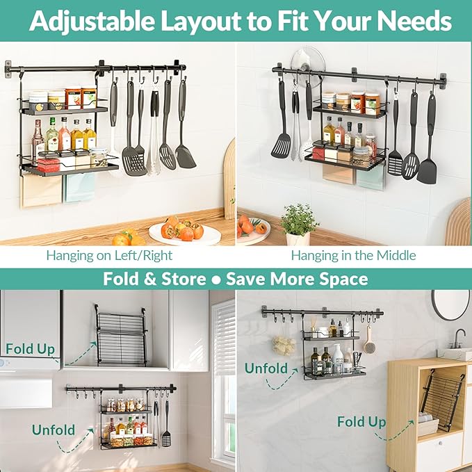 NADAMOO Spice Rack Wall Mount, 2-Tier Storage Shelf with Towel Bar, Utensil Hanger with Hooks for Kitchen, Bathroom, Pantry, Laundry, Matte Black Heavy Duty Metal Organizer