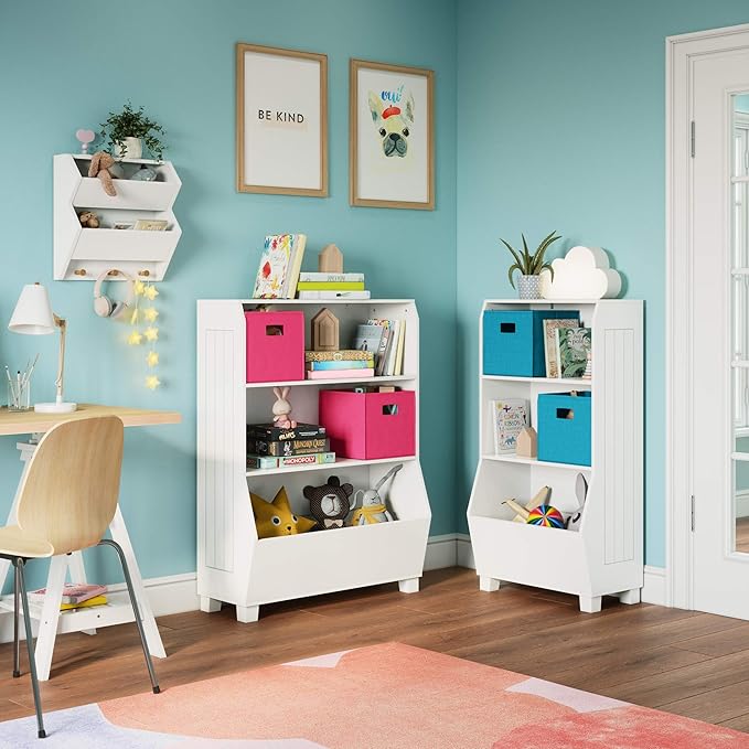 RiverRidge Kids Bookshelf with Veggie Storage Bin and 2 Open Shelves - Kids Storage Organizer, Toy Shelf & Book Shelf with Deep Veggie Bin and Top Toy Display Area