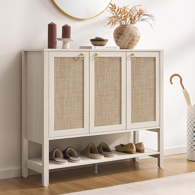 SICOTAS Rattan Shoe Cabinet with Storage, White Large Shoe Organizer | 30 Pairs Boho Shoe Rack Cabinet with 3 Doors & Adjustable Shelves for Entryway, Hallway, Living Room, Closet
