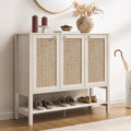 SICOTAS Rattan Shoe Cabinet with Storage, White Large Shoe Organizer | 30 Pairs Boho Shoe Rack Cabinet with 3 Doors & Adjustable Shelves for Entryway, Hallway, Living Room, Closet