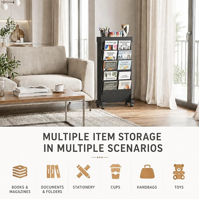 6-Tier Rolling Bookshelf Magazine Rack with Wheels Black | Mobile Bookcase, Book Storage File Folder Organizer Cart for Home Study Office Living Room Classroom