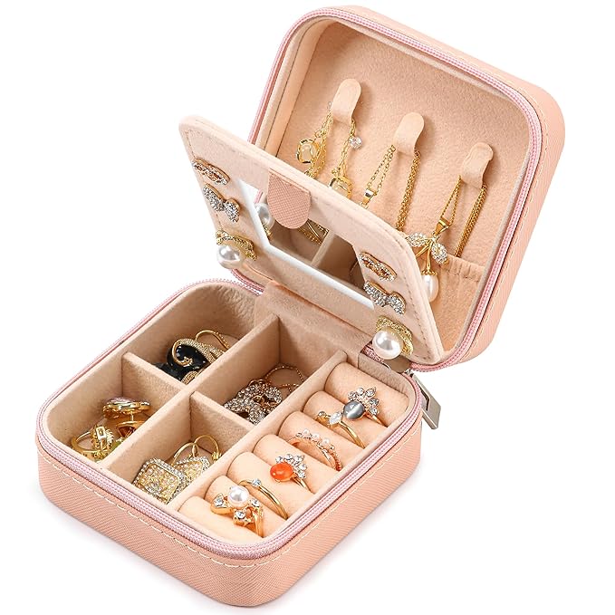 Neveika Jewelry Box with Mirror,Small Jewelry Organizer Box，Travel Jewelry Case for Women，Gift Jewelry Boxes for Female Girls (mirror pink)