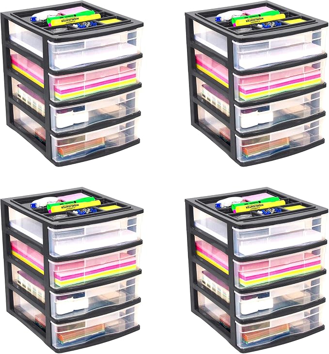 Gracious Living 4 Drawer Desktop & Countertop Organizer w/Organization Lid for Craft Storage, Office Supplies & School Supplies, Black/Clear (4 Pack)