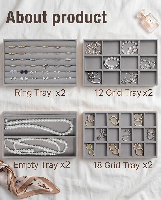 Jewelry Organizer Trays Set of 8,Velvet Jewelry Tray Stackable Storage Drawer Trays for Earring Ring Necklace Jewelry Display Case(8 Set,Gray)