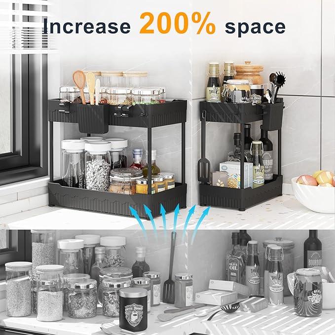 Sevenblue 4 Pack Under Sink Organizer, Under Bathroom Cabinet Organizer with Hooks Hanging Cup, Multi-Purpose Storage Shelf for Kitchen Bathroom, Black