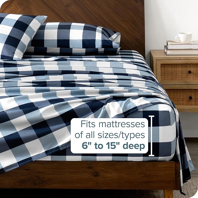Bare Home King Sheet Set - Luxury 1800 Ultra- Soft Double Brushed Microfiber - Deep Pockets - Easy Fit - 4 Piece Bedding Sheet Set (King, Gingham Blue)