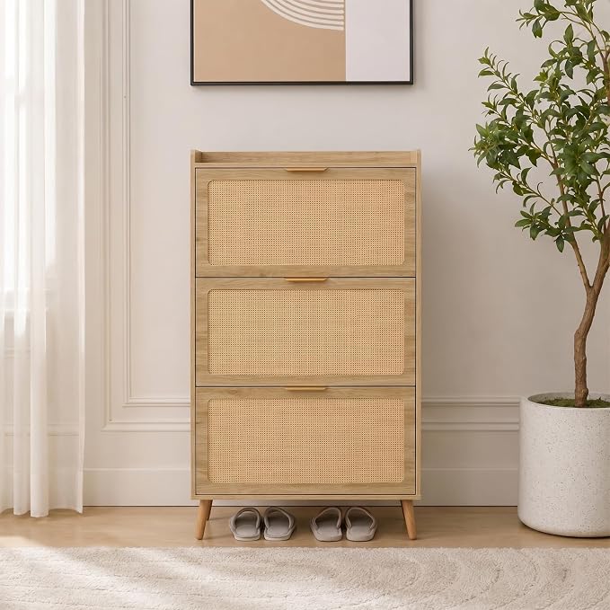 Shoe Storage Cabinet for Entryway, Slim Freestanding Rattan Shoe Cabinet with 3 Flip Drawers, Hidden Shoe Organizer Cabinet, Narrow Shoe Rack, Farmhouse Design