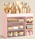 HBlife Makeup Organizer Countertop with Brush Holder,Large Bathroom Counter Organizer with Drawers,Skincare Organizers for Vanity,Plastic Dresser Organizer Storage Gift for Women Girl Mom,Pink