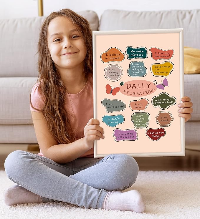 LOLUIS Mental Health Poster, Boho Therapy Tools Educational Supplies Art Print Classroom School Office Decor (Daily Affirmations, Custom Frame Type)