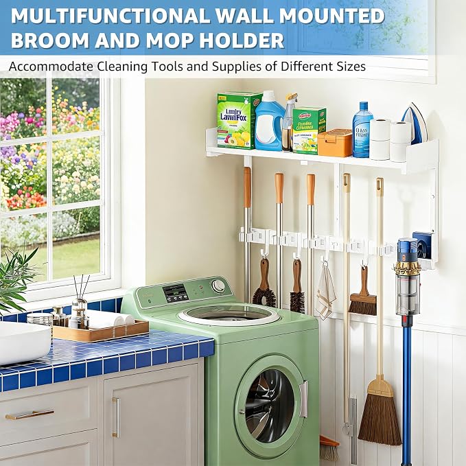 HUFAND Broom Holder Wall Mount, 27" Large Mop and Broom Organizer Wall Hanging with Top Storage Shelf & Vacuum Hook, Heavy Duty Iron Utility Rack for Laundry Room, Garage, Kitchen, Garden - White
