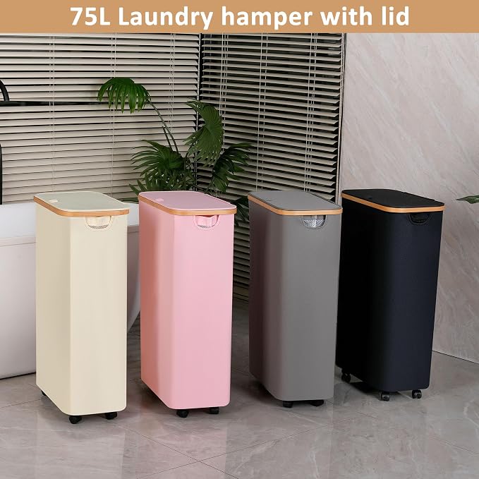 74L Laundry Hamper with Wheels,Clothes Hamper for Laundry Pink | Laundry Basket with Lid and Inner Bag, for Laundry Room, Bedroom, Dormitory Storage,Pink