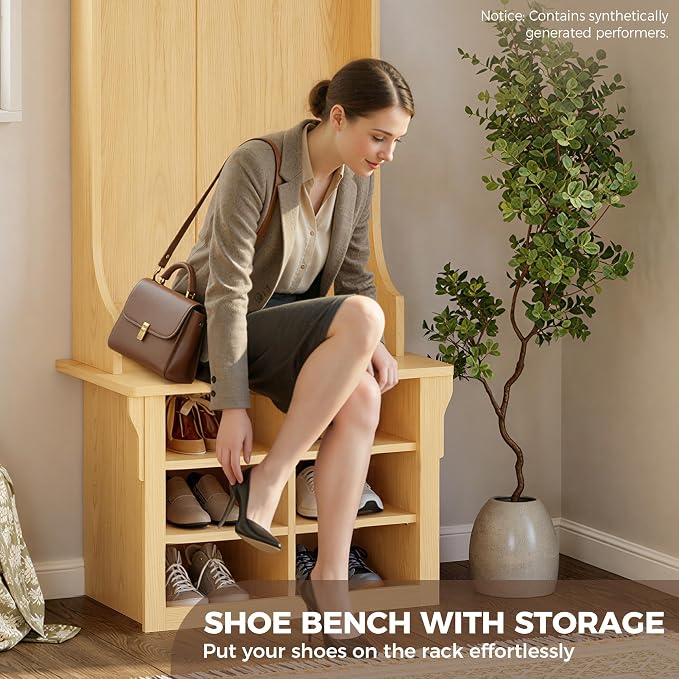IRONCK 70"H 26"W Hall Tree with Bench and Shoe Storage, 6-in-1 Entryway Bench with Coat Rack, Adjustable Shelf, Hanging Hooks, 6 Shoe Cubby, 2 Tier Top Storage for Entryway, Bedroom, Living Room, Oak