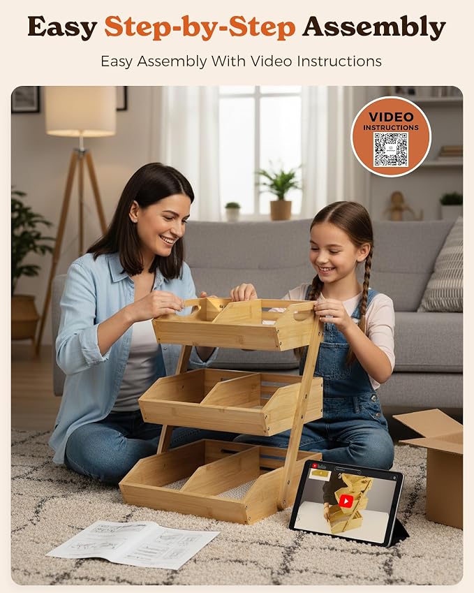 Sevenblue 3-Tier Bamboo Fruit Basket with 2 Banana Holders | Large tiered organizer for bread, snacks, veggies. Sturdy bamboo, includes mats & dividers. Easy to assemble.