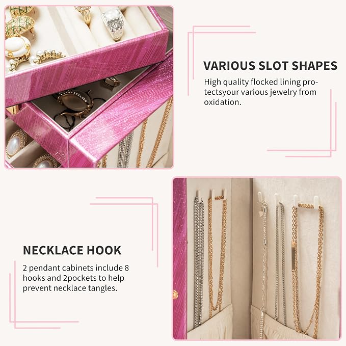 AKOZLIN 6-Tier Jewelry Box Lockable Leather Jewelry Storage Case with 5 Drawers for Women Girls Ring Necklace Earring Bracelet Holder Organizer with Mirror Rose