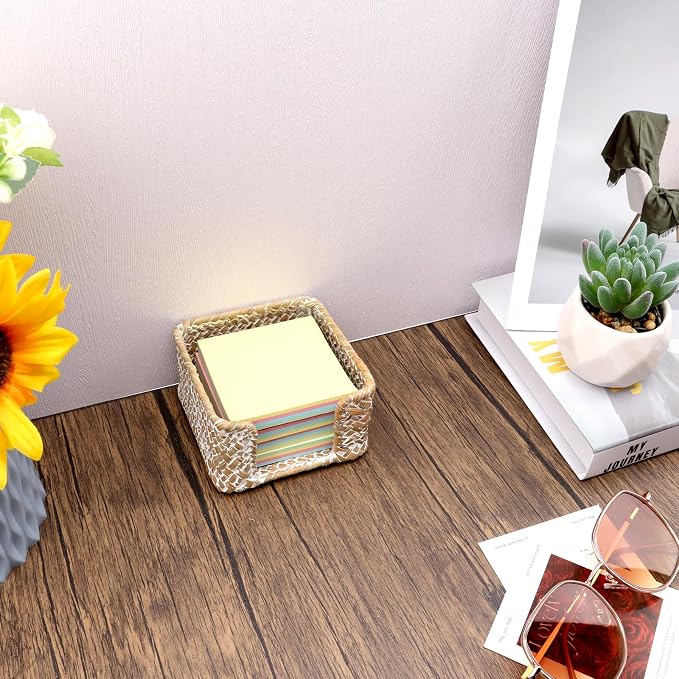 Sticky Note Holder Seagrass Post It Note Dispenser, 3 x 3 Inch Woven Sticky Note Dispenser, Farmhouse Post It Holder for Desk Home Office Decor, Whitewash