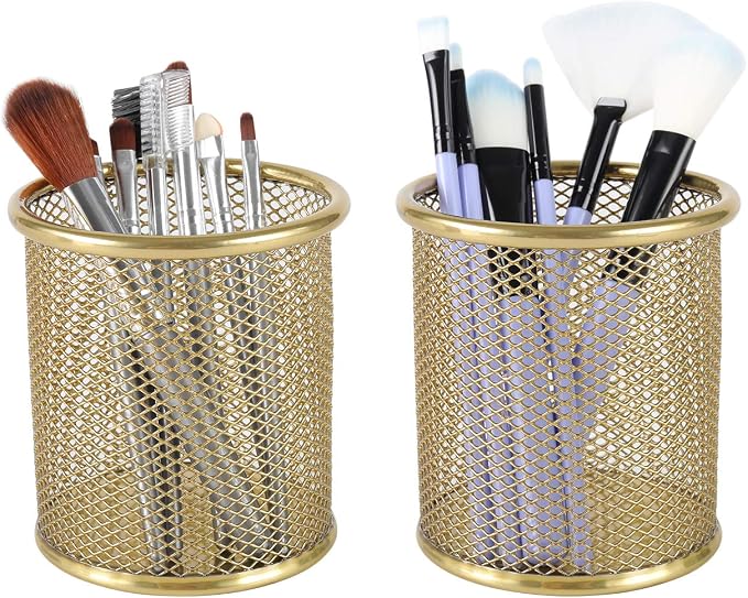 PAG Pencil Holder for Desk, 2 Pack Desktop Pen Cup, Office Supplies Desk Organizers and Accessories Organization, Makeup Brush Holder, Gold