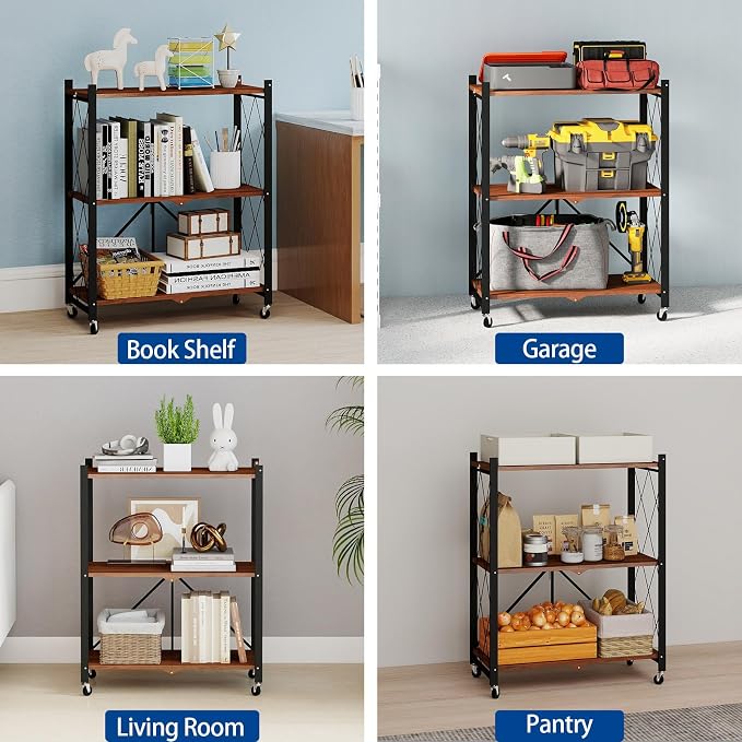 3 Tier Folding Storage Shelves with Wheels, Foldable Bookshelf No Assembly Collapsible Shelf Heavy Duty Rolling Shelving Unit for Kitchen Bedroom Living Room (Black, 27.9"x 13.3"x 35.4")