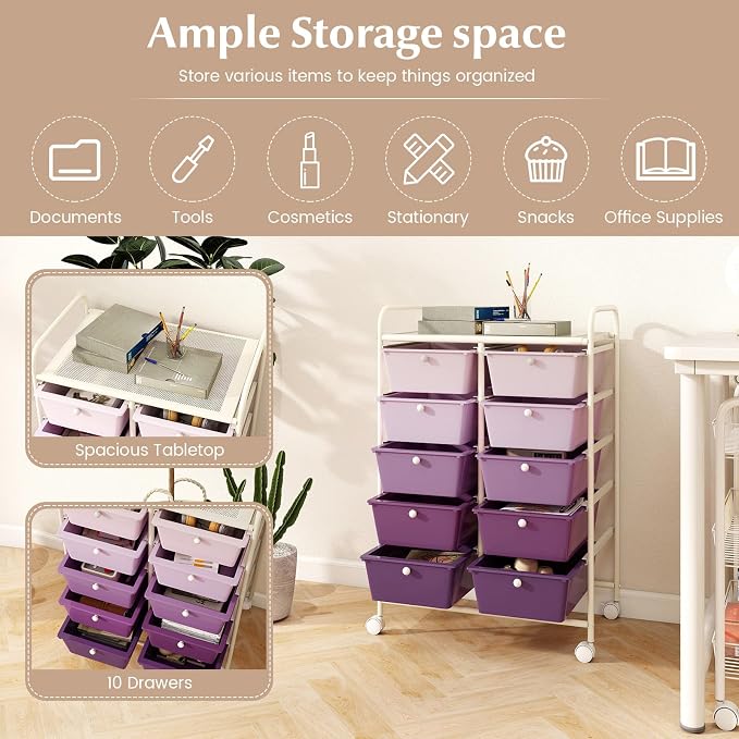 Moccha 10-Drawer Rolling Storage Cart - Under Desk Storage Drawers with wheels for Craft Art Supply Paper Salon, Scrapbook Paper Tools, Mobile Utility Cart for Classroom, Gradient Purple