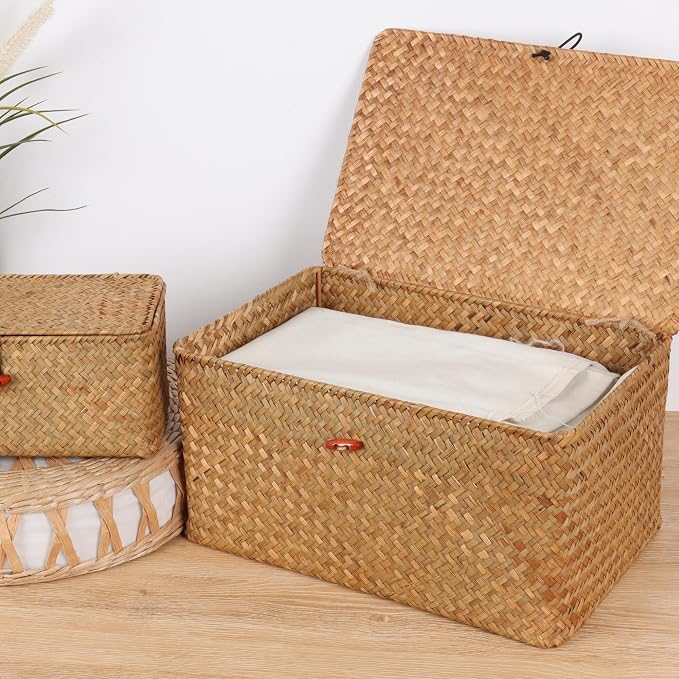Moosky Wicker Shelf Baskets with Lid,Natural Seagrass Storage Basket Boxes Handwoven Rectangular Baskets Bins Multipurpose Home Organizer Decor (Large+Medium+Small)