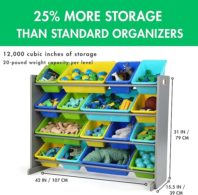 Humble Crew Toy Storage Organizer with 16 Removable Storage Bins for Kids Playroom, 4-Tier Toddler Toy Organization and Storage, Grey/Blue/Green/Yellow