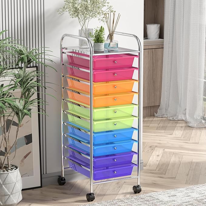 LDAILY 10-Drawer Rolling Storage Cart, Rolling Storage Cart, Storage Organizer on Wheels, Metal Frame, Scrapbook Paper Tools, Suitable for Office School, Classroom (Rainbow, 10 Drawer)