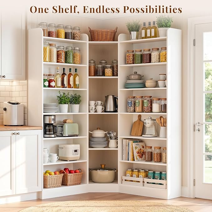 Unikito 71.3" Tall Corner Bookshelf Etagere Bookcase with Baffle, White | Large L-Shaped Asymmetric 7 Tiers Freestanding Storage Organizer Display Stand Shelf for Home Office, Living Room