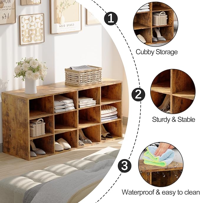 Shoe Storage Bench Cubby with 12 Cubbies, Wood Shoe Rack Organizer Cabinet | 12 Cubbies