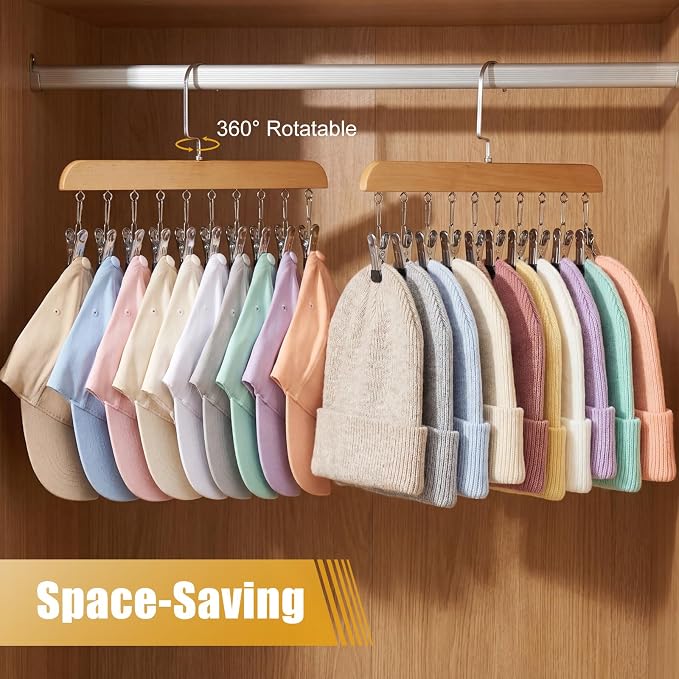 Novabright 2 Pcs Closet Organizers with 10 Clips Hat Pants Scarf Socks Hangers Wood Space Saving Rotating Hanging Hangers Clothespins with Padded Clips for Leggings Bra Tie Belt Jeans Skirt (Wood)