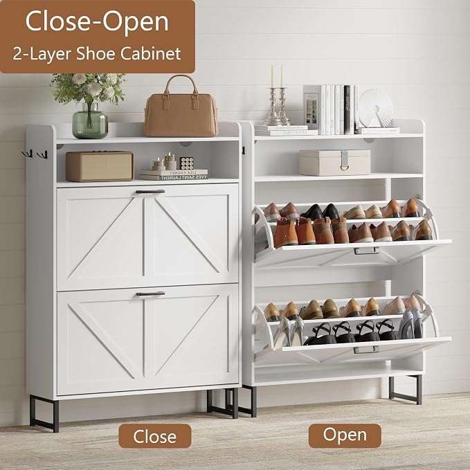 Shoe Cabinet with 2 Flip Drawers, Freestanding Hidden Shoe Storage Organizer for Entryway, Narrow Slim Shoe Rack Cabinet with Open Storage & Hooks for Front Door Entrance, Living Room, Hallway, White