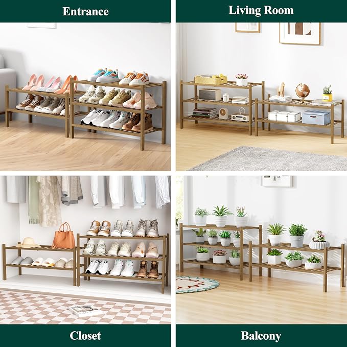 Smiry Bamboo Shoe Rack for Closet, 5 Tier Wooden Shoe Organizer, Stackable Wood Shoe Storage Shelf for Entryway, 14 Vertical Slats, 2+3 Stack Heavy-Duty Legs, 26.77"x11.02"x31.3", Walnut