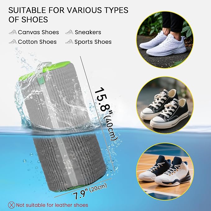 1pc Shoe Washing Machine Bag, Sneaker Laundry Bag for Washing Machine, Extra Long and Thick Microfibre Fluff, Reusable for Washer and Dryer (1pc, Greyish Green)
