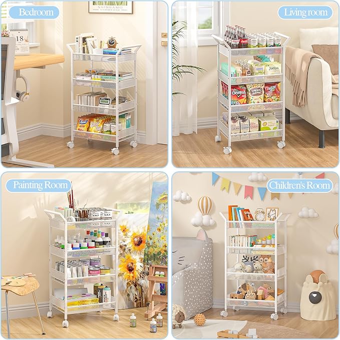 2 Pack Baby Diaper Caddy Cart, 4-Tier Diaper Caddy Organizer and Storage, Rolling Utility Cart for Baby Supplies, Diaper Cart with Wheels for Bedroom, Nursery, Changing Table, White