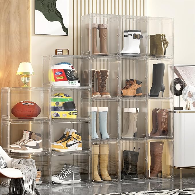 Boot Storage Organizer Tall Boot Shoe Storage Box for Closet 4 Pack Super Large Plastic Boots Container for Storage, Stackable Display Case for Collectibles, Backpack, Helmet, White