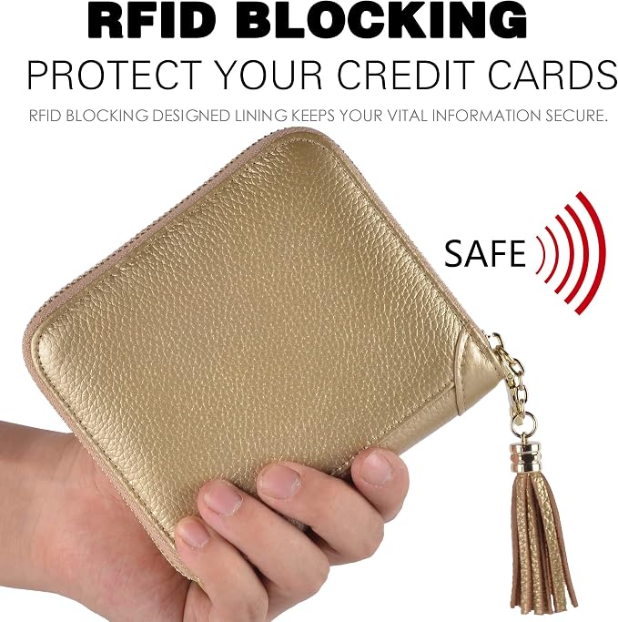Easyoulife Womens Credit Card Holder Wallet Zip Leather Card Case RFID Blocking (Gold)