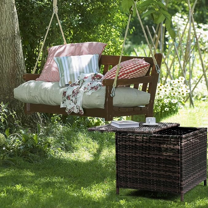 VINGLI 27 Gallon Outdoor Deck Box, Wicker Outdoor Storage Box with Lid, Small Storage Bin Container for Outside and Patio, Patio Rattan Side Table for Yard Porch (Brown, Square)
