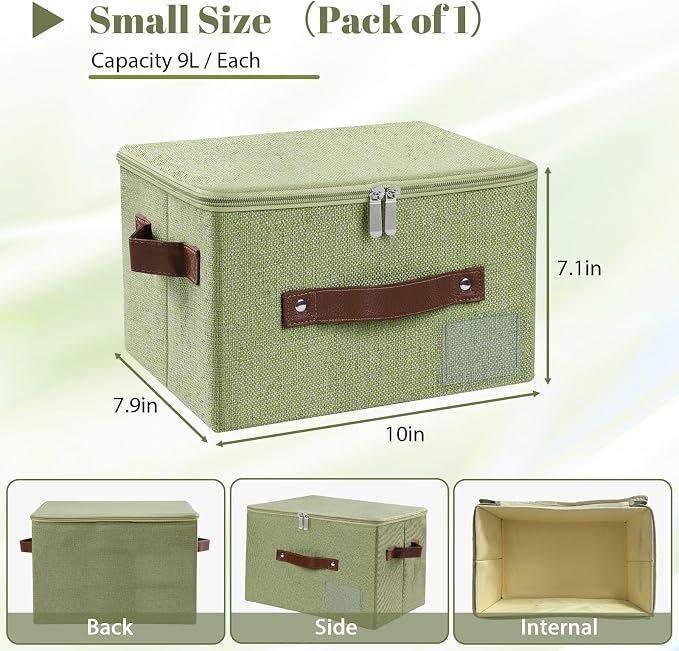 ANMINY Small Fabric Storage Box Bins with Zipper Lid, Washable Green | Cotton Linen Fabric, PP Board Frame, Label Holder, Stackable & Foldable, PU Handles, Dual-Zipper 3-Side Open Lid