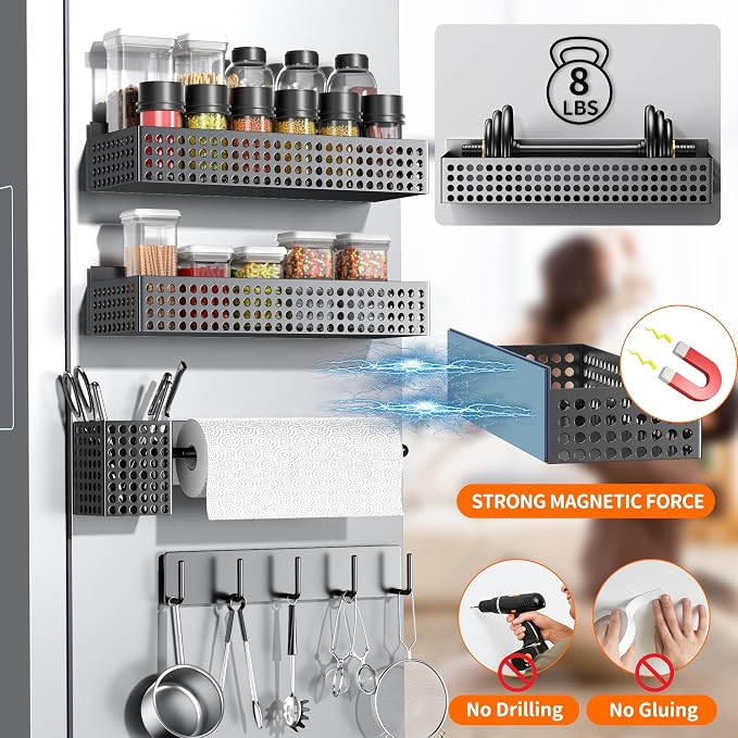 Magnetic Spice Rack for Refrigerator Set of 5 for Kitchen | Strong Magnetic Refrigerator Organizer 2 Tiers and Paper Towel Holder and Utensil Holder, Side Fridge Shelf for Storage
