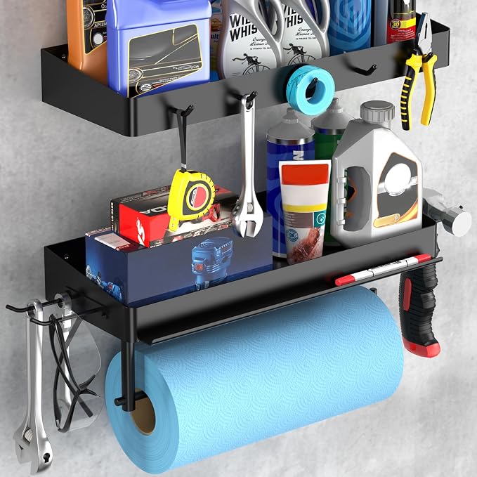 ZUNTO Pack of 2 Black Paper Towel Holder and Organizer Shelf for Garage, Wall Mounted Paper Roll Holder with Shelf and Hooks, Drilling Garage Organization and Storage