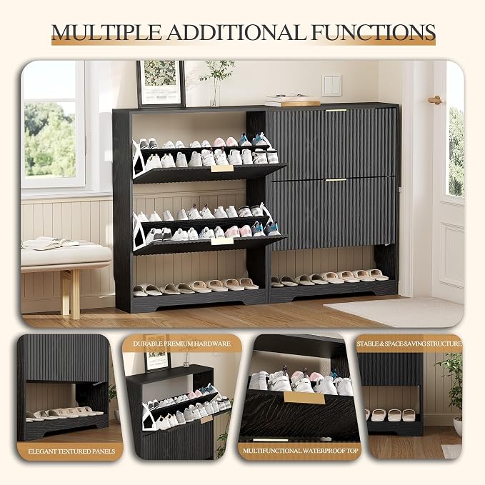 Garvee Shoe Storage Cabinet with 2 Flip Drawers,Slim Fluted Shoe Rack Cabinet with Open Storage,Wooden Hidden Shoe Rack Freestanding Narrow Shoes Organizer for Hallway, Entrance,Foyer,Black