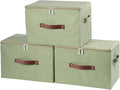 3PCS Fabric Storage Bins with Zipper Lid and Handles Cotton Linen Lidded Storage Boxes Washable Collapsible Organizer Container (Green, Large Size)